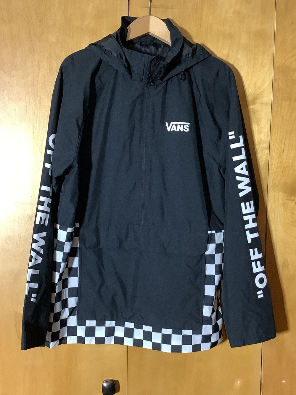 Vans Off the Wall black and checkered half zip, size large